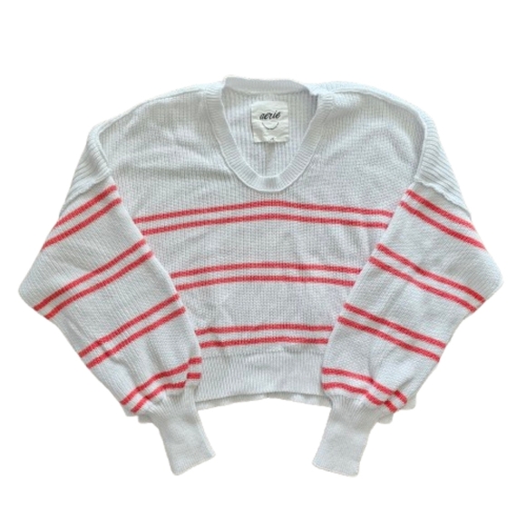 Aerie Beyond Cropped Sweater White Coral Red Stripes Size S - Picture 5 of 8